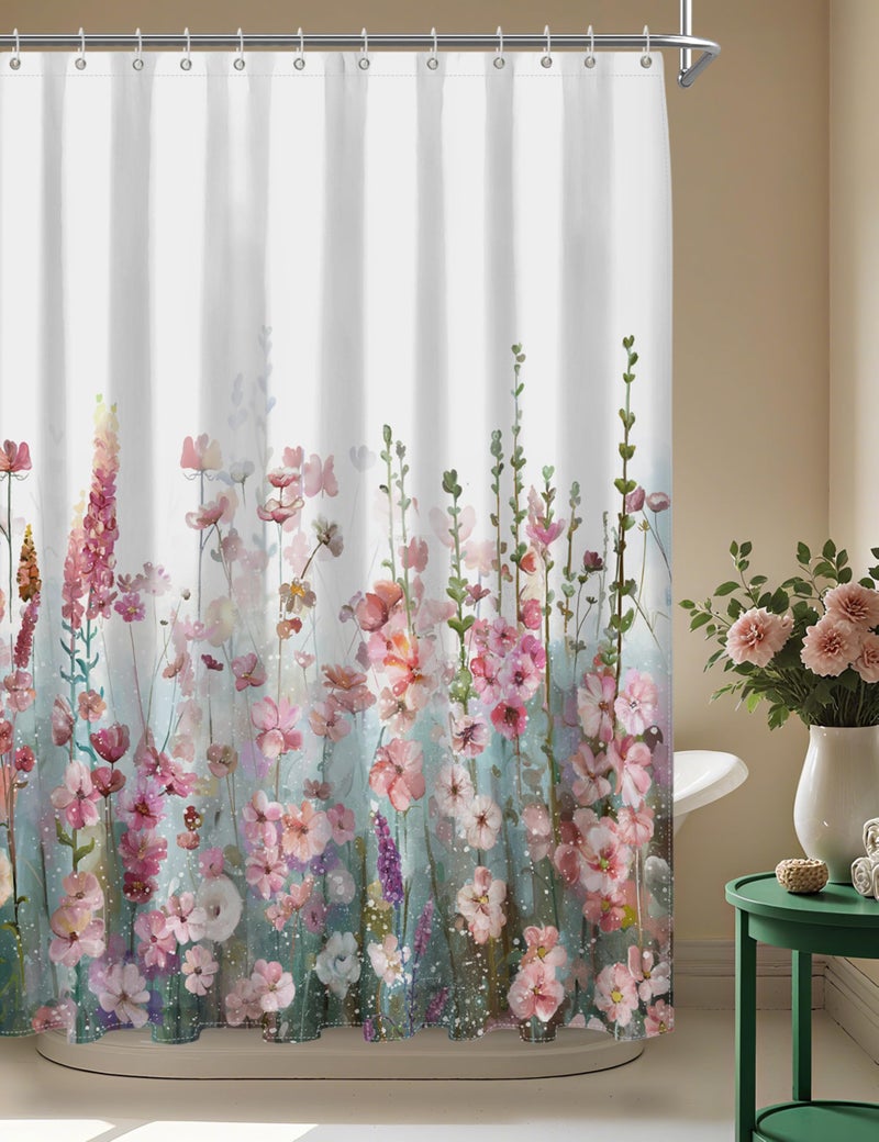 SUMGAR Colorful Flowers Shower Curtain for Bathroom Pink Floral Romantic Wildflower Plants Nature Scenery Decoration Curtain Set with Hooks, 72 x 72 inch - Image 1